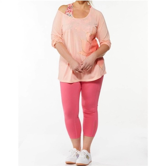 CATO Active womens sz 26/28W activewear top floral peach 3/4 sleeves cutout back - Picture 2 of 14